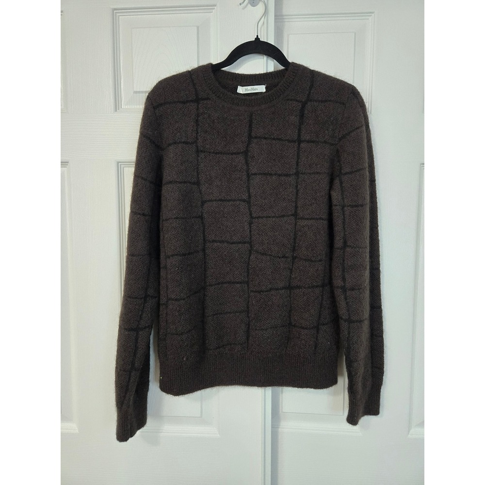 MaxMara Brown Windowpane Grid Wool and cashmere Crewneck Sweater womens‎ Large